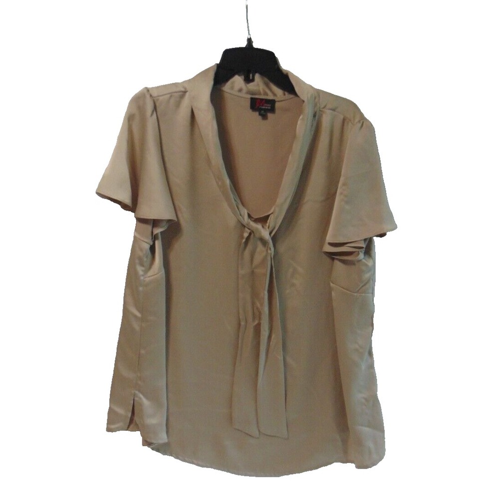 JM Studio By John Meyer Women's Top Blouse 1X Plus Tan Pecan Tie Neck